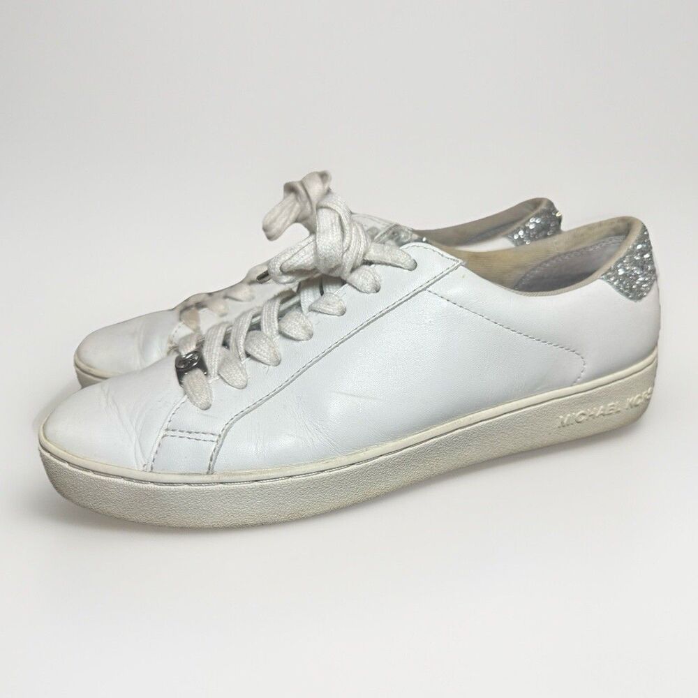 Michael Kors Irving Embellished White Leather Sneaker Shoes Silver Women's 9‎